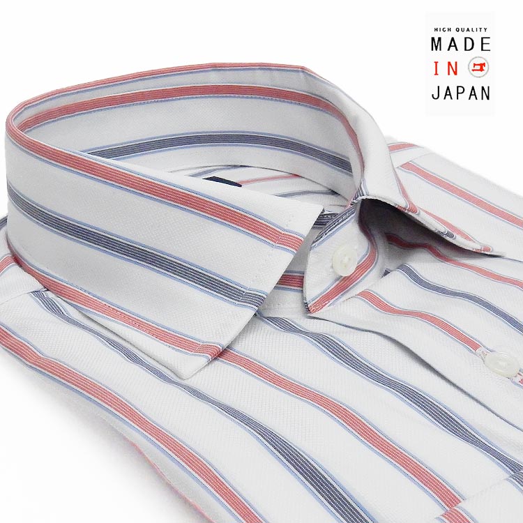 [FATTURA] 長袖ワイシャツ 白地/ストライプ ワイドカラー 綿100％ 日本製 メンズドレスシャツ FT33-420203