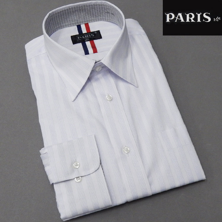 長袖ワイシャツ 白×青 ストライプ レギュラー PARIS-16e 形態安定 HKP-R10