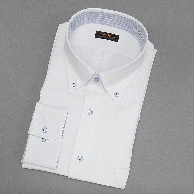 長袖ワイシャツ [KAZAC] 大きいサイズ ボタンダウン 白地 カルゼ/綾織 ノーアイロン ニットシャツ メンズドレスシャツ KZC212-700