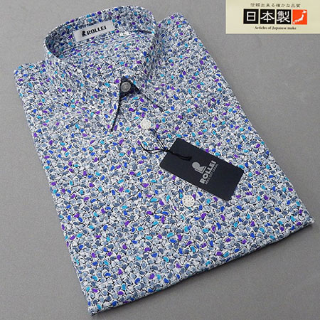 アダルトカジュアルシャツ [ROLLEI] 日本製 長袖 白×黒×鼠×青×紫 デザインプリント柄 デザインシャツ ROL34189-2