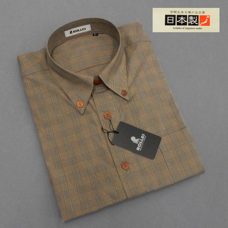 アダルトカジュアルシャツ [ROLLEI] 日本製 長袖 グレージュ×茶 チェック 綿100％ デザインシャツ ROL34299-1