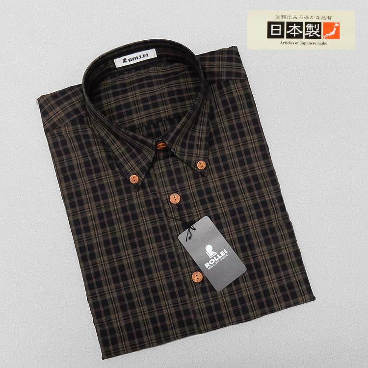 アダルトカジュアルシャツ [ROLLEI] 日本製 長袖 黒×カーキ×茶 チェック 綿100％ デザインシャツ ROL34300-1