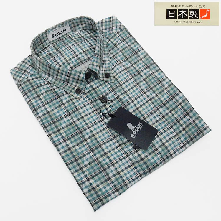 アダルトカジュアルシャツ [ROLLEI] 日本製 長袖 緑系 チェック 綿100％ デザインシャツ ROL34333-1