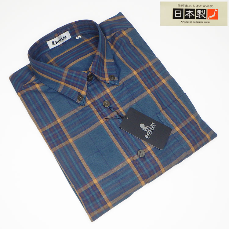 アダルトカジュアルシャツ [ROLLEI] 日本製 長袖 ブルー系 チェック 綿100％ デザインシャツ ROL34348-1