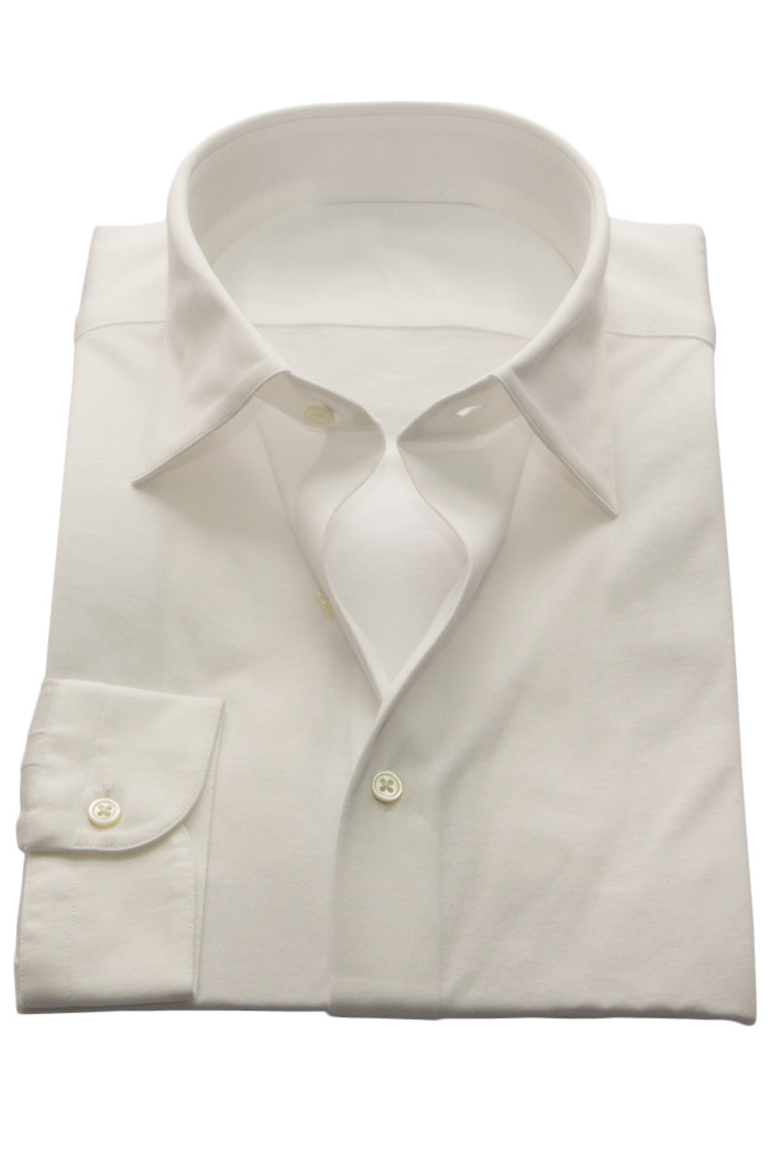 ニットシャツ【SHIRTSBAR】 白 綿100% 60番双糸 天竺 セミワイド ワイシャツ ドレスシャツ スリム