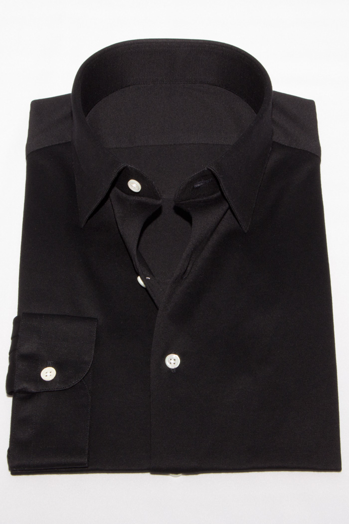 ニットシャツ【SHIRTSBAR】 黒 綿100% 60番双糸 天竺 セミワイド ワイシャツ ドレスシャツ スリム